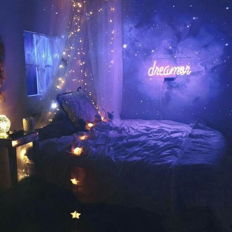 10 Cozy And Dreamy Bedroom With Galaxy Themes | Home Design And Interior Neon Room Decor, Galaxy Bedroom, Galaxy Room, Tumblr Bedroom, Girly Room Decor, Space Themed Bedroom, Galaxy Theme, Neon Room, Decor Ikea