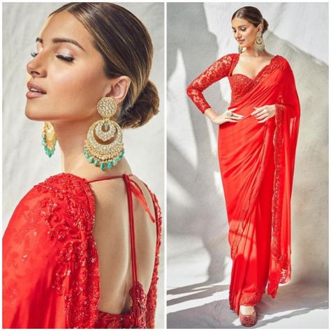 Tara Sutaria's Ethnic Wardrobe Is Perfect For Festive Season Tara Sutaria Saree, Sleeveless Blouse Designs, Gold Lehenga, Tara Sutaria, Indian Bridal Photos, Lehenga Blouse Designs, Indian Dresses Traditional, Unique Blouse, Embellished Blouse