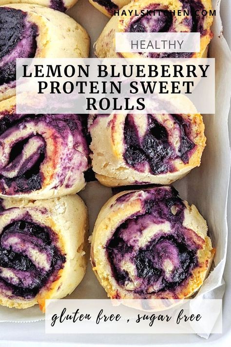 Refreshing and gooey Lemon Blueberry Protein Sweet Rolls with no sugar added. These healthy blueberry sweet rolls use protein powder and Greek yogurt and make a great meal prep breakfast or post workout treat. Protein Powder And Greek Yogurt, Frozen Blueberry Recipes, Blueberry Sweet Rolls, Protein Powder Cookies, Healthiest Protein Powder, Blueberry Protein Muffins, Blueberry Snacks, Healthy Blueberry Muffins, Protein Yogurt