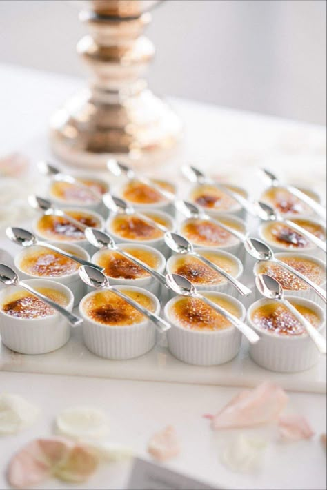 Mini Creme Brulee Wedding, Small Desserts Wedding, Wedding Creme Brulee, Creme Brulee Wedding Dessert, Wedding Dessert Table Aesthetic, Individual Desserts For Wedding, French Wedding Desserts, Dessert Table Desserts, Cute Wedding Desserts