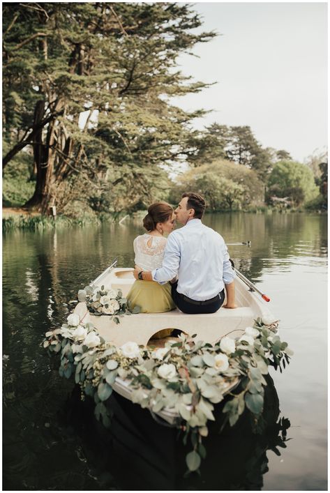 Meg's Marvels Photography - Golden Gate Park Engagement Session Rowboat Stow Lake SF San Francisco Wedding Photography Photographer Eucalyptus Rowboat White Roses Flower Boat Photoshoot, Wedding Photo Lake, Engagement Photos Row Boat, Engagement Photos Canoe, Golden Gate Park Engagement Photos, Rowboat Wedding Photos, Engagement Photo Shoot Inspiration, Stow Lake Engagement Shoot, Canoe Bridal Shoot