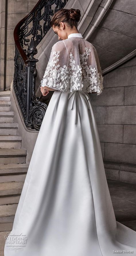 sareh nouri s2020 bridal sleeveless spaghetti strap sweetheart neckline simple minimalist elegant a  line wedding dress capelet backless chapel train (11) zbv -- Sareh Nouri Spring 2020 Wedding Dresses | Wedding Inspirasi  #wedding #weddings #bridal #weddingdress #weddingdresses #bride #fashion #label:SarehNouri #season:Spring/Summer #year:2020 ~ Elegant A Line Wedding Dress, Wedding Dress Capelet, Sareh Nouri Bridal, Wedding Gown Trends, Sareh Nouri, Wedding Dresses Sweetheart Neckline, Simple Wedding Gowns, Muslim Wedding Dresses, Cape Wedding Dress