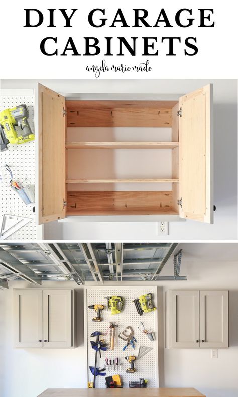 Diy Wall Cabinets Build, Wall Cabinets Garage, Using Old Kitchen Cabinets In Garage, Garage Wall Cabinets Diy, Diy Garage Storage Cabinets Wall, Garage Upper Cabinets, Plywood Garage Cabinets, Diy Shop Cabinets, Garage Cabinet Ideas