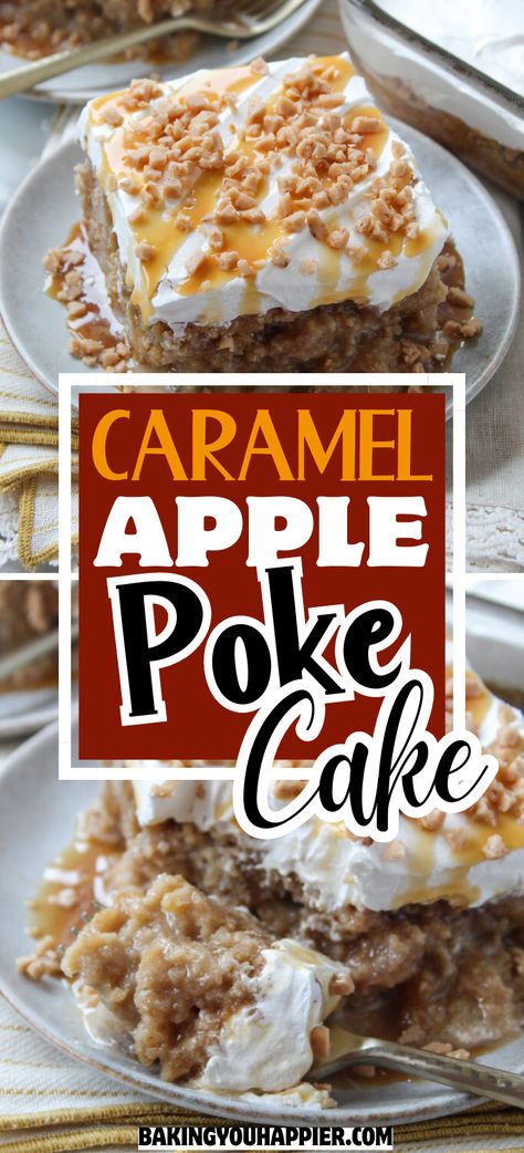 Caramel Apple Poke Cake, this ooey-gooey cake is overflowing with a sweet milk and caramel mixture in every single bite! Caramel Apple Poke Cake, Apple Poke Cake, Caramel Apple Cake Recipe, Caramel Apple Desserts, Gooey Cake, Butter Pecan Cake, Sweet Milk, Dessert Smoothie, Fall Desserts Easy