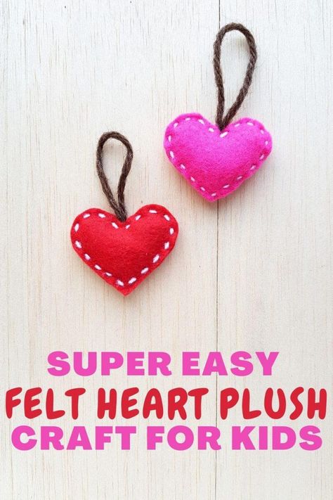 Heart Plush Ornament or Pillow Craft Made from Soft Felt - OMC Felt Heart Crafts For Kids, How To Make Felt Hearts, Easy Felt Crafts For Kids, Valentinesday Craft, Felt Hearts Diy, Felt Crafts Kids, Felt Hearts Crafts, Felt Activities, Montessori Crafts