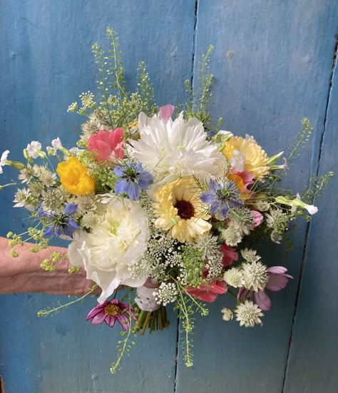 A pretty mix of pinks, whites, yellows and blues to contrast against navy dresses. Spring Wedding Bouquets Pink, Pastel Yellow Bridesmaid Dresses, Pink Yellow Weddings, Pastel Blue Wedding, Blue Yellow Weddings, Blue Flower Arrangements, Yellow Wedding Bouquet, Prom Bouquet, Pink Flower Arrangements