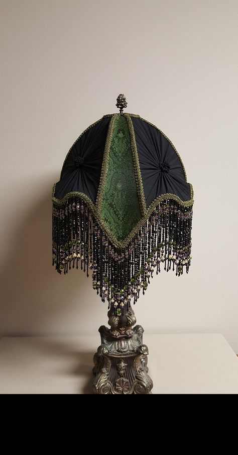 Hand crafted custom order Victorian style lampshade with Indian silk, chiffon pleating and 358 strands of hand strung beaded fringe. Goth Lampshade Diy, Fringe Lampshade Vintage, Whimsigothic Furniture, Victorian Style Lampshade, Vintage Lampshades Diy, Indian Lampshade, Diy Victorian Lampshades, Fringed Lampshade, Victorian Lamp Shades