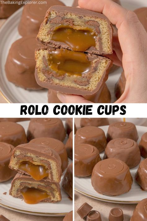 Recipe for Rolo Cookie Cups - chocolate chip cookie cups filled with caramel sauce and covered in milk chocolate, to look like giant rolos! #thebakingexplorer #cookiecups #giantrolos #caramelcookies #cookierecipe Rolo Cookie Cups, Rolo Cookies, Chocolate Chip Cookie Cups, Milk Chocolate Chip Cookies, Uk Food, Gooey Cookies, Caramel Recipes Sauce, Food Blogging, Homemade Caramel Sauce