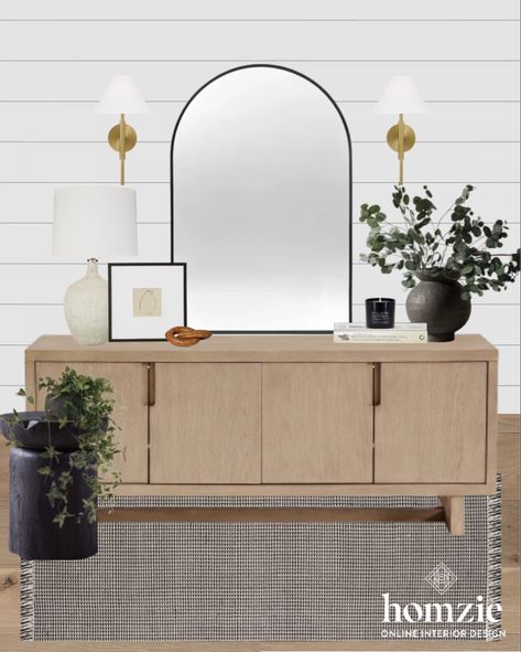 Arched Mirror With Light Above, Entryway Arch Mirror, Console Table Arch Mirror, Arch Mirror Entryway Ideas, Entryway Mirror Inspiration, Wall Sconces Entryway, Mirror With Wall Sconces, Mirror Over Sideboard, Arch Mirror Entryway