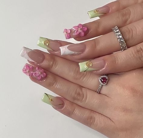 Green And Pink Nails Acrylic, Gel X Designs, Girly Acrylic Nails, Short Square Acrylic Nails, Long Acrylic, Unique Acrylic Nails, Gem Nails, Short Acrylic Nails Designs, French Tips