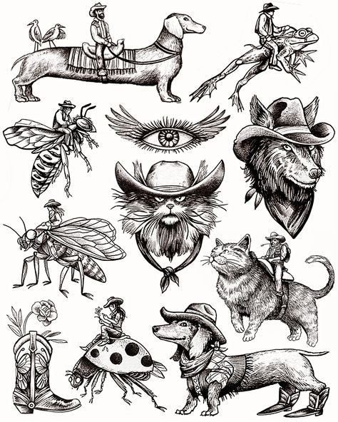 Cue the western theme song whistle 😗🐶🤠 #tattooflashsheet #cowboytattoo #dogtattoos #cowboydog Dog Cowboy Hat Tattoo, Cowboy Theme Tattoo, Cowboy Animal Tattoo, Western Themed Tattoos, Western Tattoos For Men, Western Theme Tattoo, Western Flash Tattoo, Western Flash, Western Style Tattoos