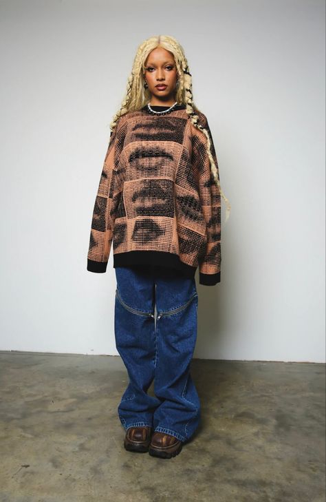 Half Tone, Ragged Jeans, Lip Print, The Ragged Priest, Ragged Priest, Denim Day, Tomboy Fashion, Knit Jumper, Grunge Fashion