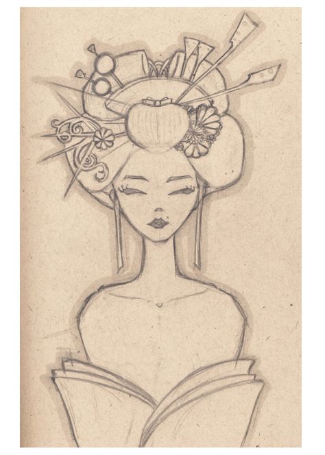 Geisha sketch Geisha Sketch, Geisha Makeup, Geisha Tattoo, Female Sketch, Art Inspiration, Embroidery, Tattoos, Drawings, Pattern