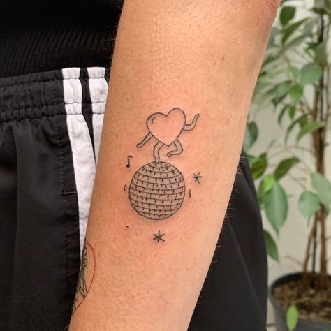 Disco Heart Tattoo, Dancing Disco Ball Tattoo, Heart Disco Ball Tattoo, Disco Tattoo, Lp Tattoo, Disco Heart, Ball Dancing, Beer Tattoos, Globe Tattoos