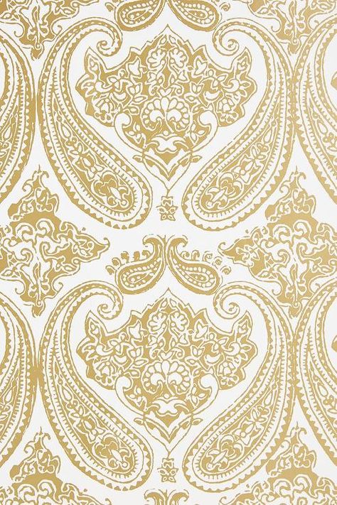 Moira Gold Paisley Pattern Wallpaper Moira Wallpaper, Powder Room Accent Wall, Erin Gates Design, Wallpaper Anthropologie, Royal Wallpaper, Block Print Wallpaper, Paradise Wallpaper, Iphone Widgets, Fabric Paint Diy