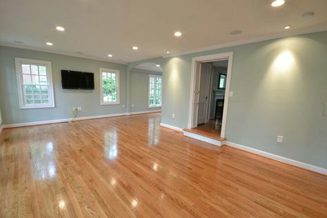 Wall color with white trim and wood floors Palladian Blue Benjamin Moore Bedroom, Blue Benjamin Moore Bedroom, Light Blue Basement, Paladian Blue, Benjamin Moore Palladian Blue, Blue Benjamin Moore, Palladian Blue Benjamin Moore, Benjamin Moore Bedroom, Palladian Blue