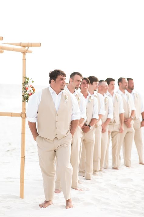 Tan Vest Groomsmen, Beach Wedding Groomsmen Attire Casual, Beach Wedding Groom Attire Casual Khakis White Shirts, Beach Tuxedo Groom Attire, Groom Attire For Beach Wedding, Beach Wedding Mens Attire Grooms, Beach Wedding Men’s Outfit, Groom Outfit Beach Wedding, Tan Beach Wedding