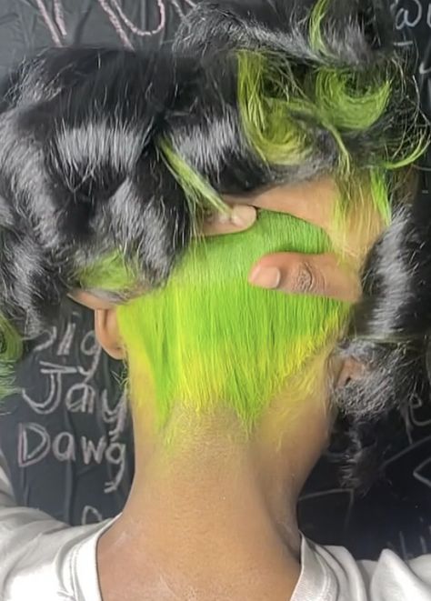 Lime Green Skunk Stripe Hair, Slick Braid, Birthday Braids, Black And Green Hair, Neon Green Hair, Peekaboo Hair Colors, Green Hair Dye, Skunk Stripe, Barbie Hairstyle