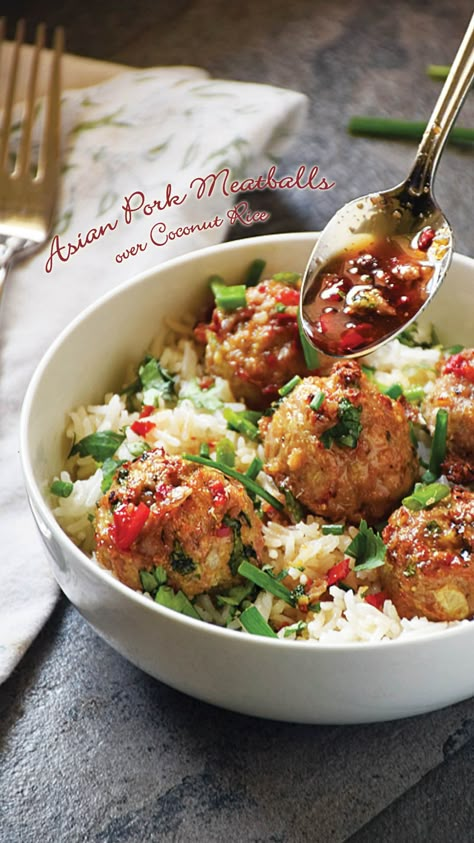 Asian Pork Meatballs, Takeout Recipes, Coconut Recipe, Ground Pork Recipes, Asian Pork, Healthy Version, Pork Meatballs, Coconut Rice, Pork Dishes