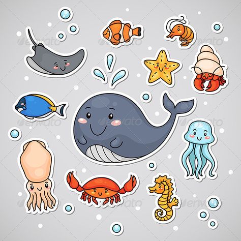 Sticker with Sea Animals  #GraphicRiver         Illustration with sea animals: shrimp, starfish, sea horse, jellyfish, fish, hermit crab, crab, squid, stingray, whale. Stingray Fish, Sea Illustration, Cute Octopus, Fish Drawings, Hermit Crab, Sea Horse, Up Book, Ocean Animals, Art Icon