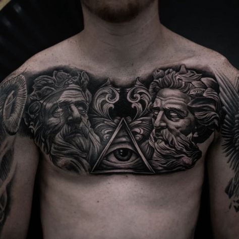 hades-zeus-realistic-tattoo-micheal-hitaua Hades Tattoos, Zeus And Hades, Hades Tattoo, Full Chest Tattoos, Tiger Tattoo Sleeve, Tattoo Guide, Moth Tattoo Design, Zeus Tattoo, Hyper Realistic Tattoo