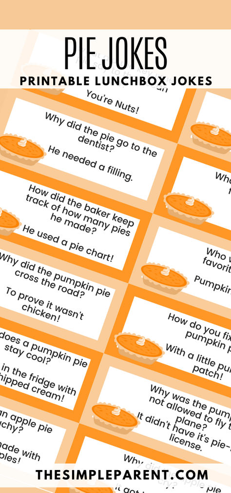 These pie jokes for kids will have everyone laughing! From pumpkin and cherry to apple and pecan, these jokes are all about your favorite pies. Plus, download our free printable to keep the laughs coming! They're perfect for lunchbox notes! Pie Contest Judging Sheet, Pie Social Ideas, Thanksgiving Lunchbox Jokes, Pumpkin Jokes, Pie Quotes, Pie Puns, Pie Game, Pie Pecan, Thanksgiving Baskets