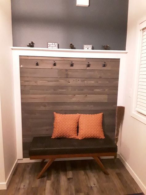 Stained Shiplap Wall, Stained Shiplap, Wall Boards, Entryway Hooks, Ship Lap, Cast Iron Hooks, Shiplap Wall, Dark Stains, Wall Board