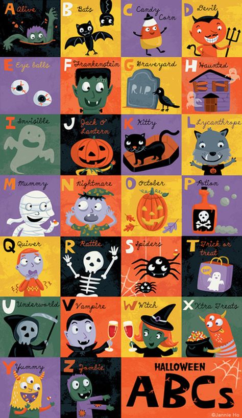 Chickengirl Design - Halloween ABC's - finally.  (October 8, 2012)  Love this!  Can buy it for $16 on Society 6! Halloween Tutorial, Halloween Illustration, Halloween Poster, Halloween Stuff, Halloween Inspiration, Halloween Pictures, Halloween Projects, Halloween Printables, Halloween Haunt