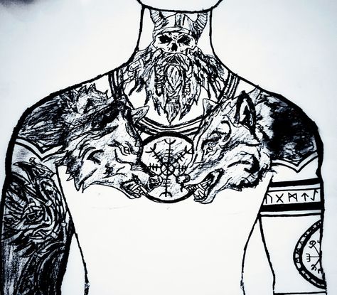 Viking chest tattoo design Wolf Tattoo Ideas For Men Chest, Viking Chest Tattoo Men Ideas, Viking Tattoos Chest, Viking Tattoo Back Piece, Wolf Tattoos Men Back, Viking Throat Tattoo Men, Norse Chest Tattoo Men, Nordic Chest Tattoo Men, Norse Back Tattoo Ideas