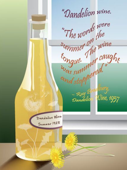 Dandelion Wine Illustration Dandelion Wine Tattoo, Dandelion Wine Ray Bradbury, Wine Tattoo, Dandelion Wine, Wine Book, Merit Badge, Ray Bradbury, Sleeves Ideas, Rosé Wine Bottle