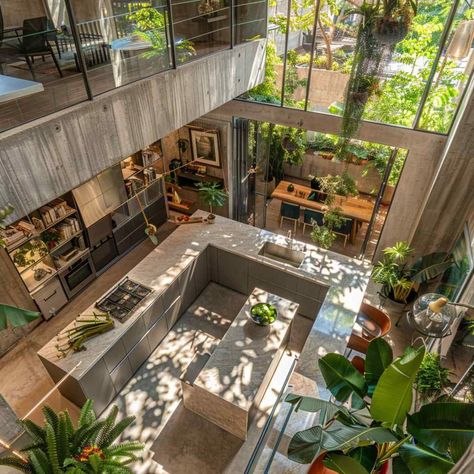 Ecobrutalism Interior, House In Nature Aesthetic, Brutalist Architecture Interior, Brutalist Kitchen, House Design Tropical, Modernism Interior Design, Brutalist Interior Design, Tropical Brutalism, Oasis House