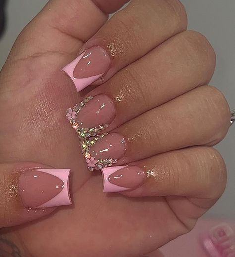 Cute Simple Nails With Charms, Short Acrylic Nails Coquette, Short White French Tip Nails With Gems, Short Nails With Cross, Short Nails With Gems Rhinestones, Bling Short Acrylic Nails, Nail Ideas Gems, Short Nails Bling, Mom Nails Short