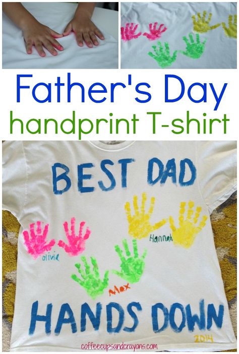 DIY Father's Day Handprint Shirt {easy to make} Diy Father's Day Gifts From Baby, Handprint Shirt, Hand Printed Shirt, Diy Father's Day Crafts, Diy Father's Day, Diy Crayons, Handprint Gifts, Homemade Fathers Day Gifts, Diy Gifts For Dad