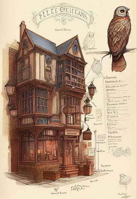 Dnd Tavern Exterior, Fantasy Tavern Exterior Concept Art, Fantasy Tavern Exterior, Steampunk Exterior, Steampunk House Exterior, Tavern Exterior, Modern Green House, House Design Concept, Steampunk Building