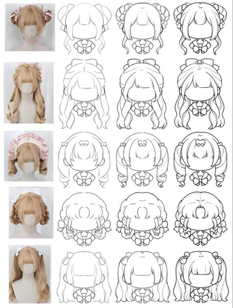 Cute Hair For Drawing, How To Draw Chibi Hair Step By Step, Hair Buns Drawing, Chibi Sketch Hair, Chibi Hair Female, Chibi Hair Styles, Flirty Expression Reference, Chibi Art Style Hair, Cute Chibi Hairstyles