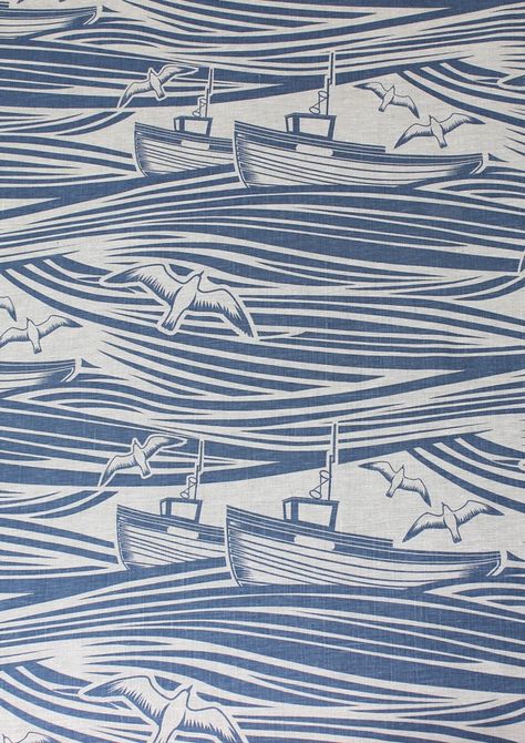 Mini Modern -Whitby Linen Fabric - Washed Denim Sea Prints, Batik Ideas, Boat Illustration, Conversational Prints, Bedroom Curtain, Sailboat Print, Mini Moderns, Kids Print, Washed Denim