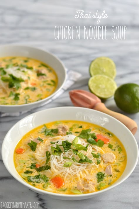 thai style chicken noodle soup | Brooklyn Homemaker Soup Recipes Rice Noodles, Zucchini Noodle Soup, Chicken Soup With Rice Noodles, Thai Style Chicken, Soup Chicken Noodle, Thai Noodle Soups, Chicken Rice Noodles, Zucchini Zoodles, Thai Chicken Noodles