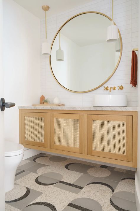 Powder room | Ladera Heights II Contemporary Half Bath, Soft Leather Sofa, Guest Bathroom Design, Neutral Flooring, Guest Bathroom Decor, Wooden Closet, Scandinavian Style Home, Natural Wood Flooring, Scandinavian Aesthetic