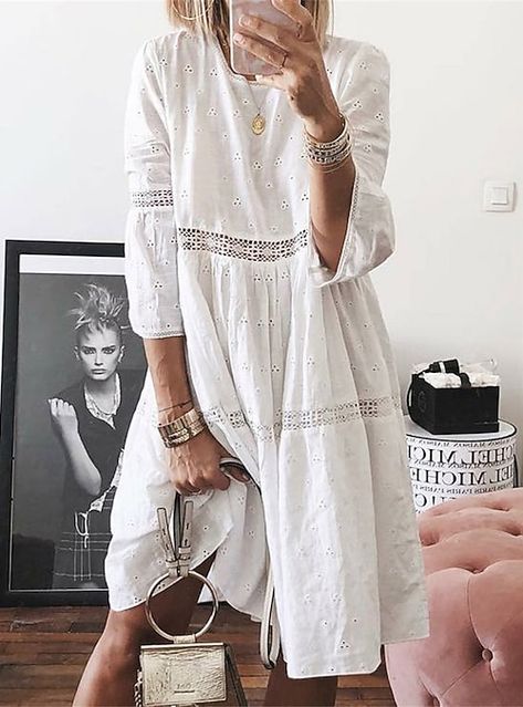 Cake Skirt, Quarter Sleeve Dress, Embroidered Lace Dress, Vestido Casual, Casual Lace, Lace Midi Dress, Sweet Style, Lace White Dress, Boho Women