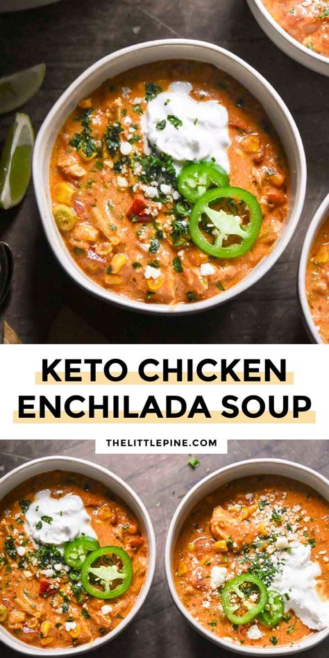 *NEW* This Chicken enchilada soup recipe is the WHOLE enchilada and more! Vibrant Mexican flavors are bursting in every single bite of this one-pot delectable concoction! #chickenenchiladasoup #lowcarbchickenenchiladasoup #lowcarbsoup #ketosoup #lowcarbdinner #ketodinner #lowcarblunch #ketolunch #lowcarbchicken #ketochicken #chicken #chickenrecipe #lowcarbdinner #ketodinner #lowcarblunch #ketolunch Keto Chicken Enchilada Soup, Chicken Enchilada Soup Recipes, Enchilada Soup Recipe, Low Carb Soup Recipes, Mexican Flavors, Chicken Soup Recipe, Chicken Enchilada Soup, Enchilada Soup, Keto Soup