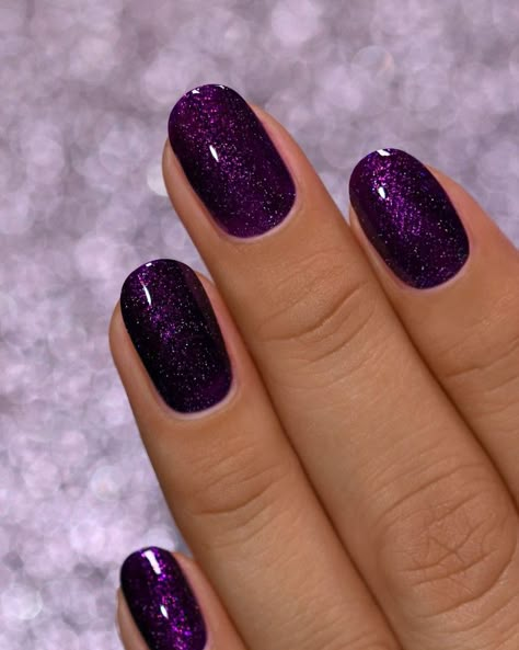 Sparkly Dark Purple Nails, Shimmery Purple Nails, Purple Nails Glitter Sparkle, Gel Nails Short Purple, Purple Sparkly Nails Short, Dark Purple Homecoming Nails, Dark Purple Sparkle Nails, Purple Nails With Sparkle, Dark Purple Sparkly Nails