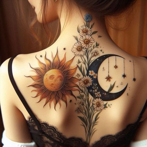 Sun And Moon Women Tattoo, Witch Fairy Tattoo, Sun Moon Star Flower Tattoo, Witch Tattoo Spine, Woman And Moon Tattoo, Color Neck Tattoo, Witch Inspired Tattoo, Sun And Moon Sleeve Tattoo, Sun And Moon Back Tattoo