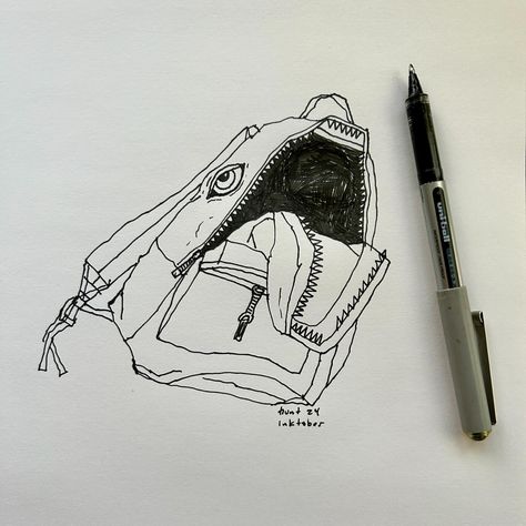 Inktober 2024 Backpack, Ink Monster Drawing, Daily Ink Monster, Bagpack Inktober, Scribble Monster Art Lesson, Inktober 2024, Monster Drawing, Halloween Scary, Art Halloween