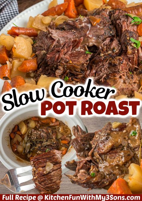 With potatoes, carrots, and onion cooked alongside the chuck roast, this Slow Cooker Pot Roast recipe is an easy comfort food dinner. Just sear the beef and let the slow cooker do the work! Chuck Roast Crock Pot Recipes, Crock Pot Chuck Roast, Roast Beef Crock Pot Recipes, Crock Pot Roast, Crockpot Pot Roast, Slow Cooker Pot Roast Recipes, Crockpot Roast Recipes, Slow Cooker Pot Roast, Pot Roast Crock Pot Recipes