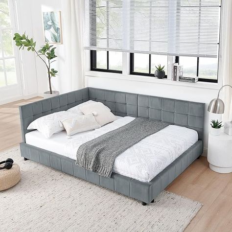 Amazon.com: DEINPPA Full L-Shape Corner Bed Frame, Velvet Upholstered Tufted Daybed with Slat, Floor Platform Bed with Soft Headboard for Bedroom Nook, No Box Spring Needed-Grey : Home & Kitchen Corner Bed Frame, Bed Frame Velvet, Daybed Upholstered, Tufted Bed Frame, Full Daybed, Corner Bed, Bed Frame Ideas, Wooden Daybed, Full Size Daybed