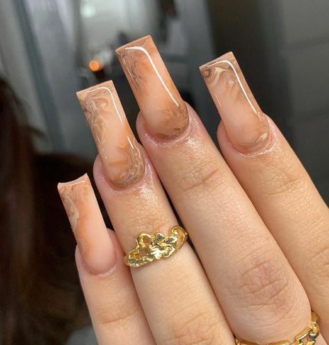 Short Brown Marble Nails, Brown Milky Nails, Honey Brown Nails Acrylic, Milky White And Brown Nails, Brown Shorties Acrylic Nails, Brown Baddie Nails Short, Brown Nails Medium Length, Brown Nail Sets Acrylic, Short Brown Ombre Nails