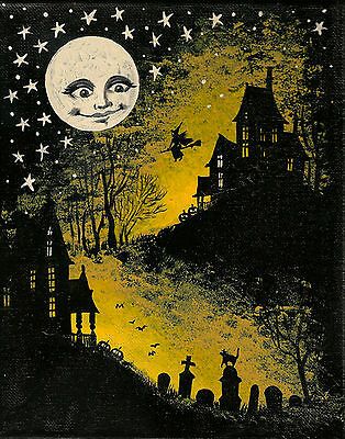 Vintage Halloween Art, Photo Halloween, Image Halloween, Halloween Illustrations, Halloween Folk Art, Labu Halloween, Carte Halloween, Arte Peculiar, Cat Moon