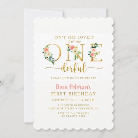 $3.38 | Floral Isn't She Lovely Onederful 1st Birthday - baby girl, 1st birthday, first birthday, girl 1st birthday, turning one, isn't she onederful, isn't she lovely, floral, blush and gold, onederful birthday Isn't She Onederful, Onederful Birthday, Modern Birthday Party, First Birthday Girl, Girl 1st Birthday, 1st Birthday Invitation, Girl Birthday Themes, First Birthday Themes