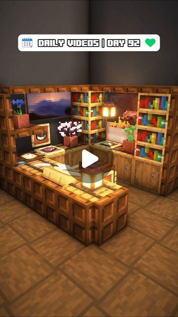 Desk In Minecraft, Minecraft Foyer Ideas, Minecraft Storage Organization, Minecraft Music Room, Storage Room Minecraft Ideas, Basement Minecraft, Minecraft Bookshelf Ideas, Chair Minecraft, Desk Minecraft