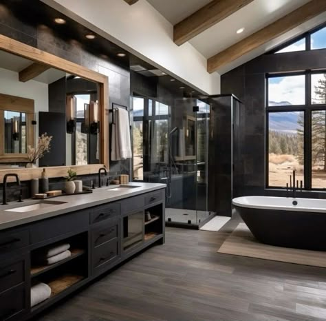 Mountain House Interior Bathroom, Lake Home Bathroom Ideas, Barndominium Ideas Interiors Black, Master Bath Ideas Dark, Barndominium Interior Bathroom, Large Rustic Bathroom, Master Bath Barndominium, Barndo Bathroom Ideas, Modern Lodge Bathroom